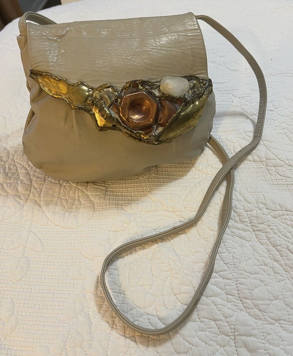 Fancy Nancy Brutalist 80’s Purse Brazil Leather Signed Mixed Metal Quartz